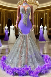 Mermaid High Neck Floor-length Sleeveless Open Back Appliques Lace Beaded Semi Formal Prom Dresses With Feather